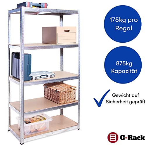 G-Rack Garagenregal: 180 cm x 120 cm x 60 cm, Einzelschacht, grau, 5 Etagen, 175 kg Traglast pro Ebene (875 kg pro Einheit), Zuhause, Büro, Garage oder Geschäftsgebrauch