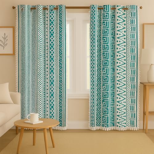 Image of Cortina Self Print Light-Filtering 100% Cotton Curtains 7 feet Long Set of 2 for Door [ Opacity: 50-60%, Color: Sky Blue, 180 GSM ]