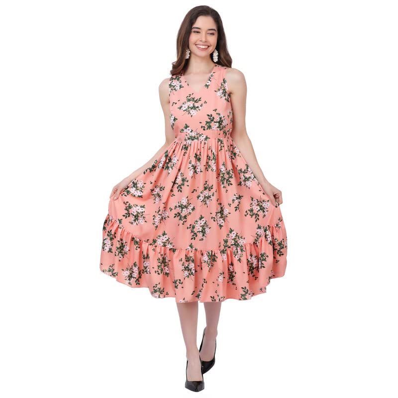 Image of Women's Crepe A-Line Knee Length Dress | Western Sleeveless Dress for Girls | Flared Frock | Frill Midi | Knee Gown