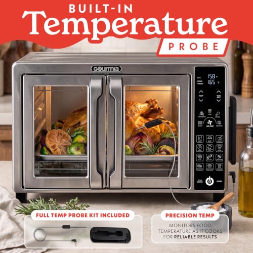 Image of Gourmia French Door Air Fryer Toaster Oven - 6 Slice Capacity, Temperature Probe, 18 Cooking Presets, FryForce, Digital Display, 3 Rack Positions, Dishwasher-Safe Accessories, Stainless Steel
