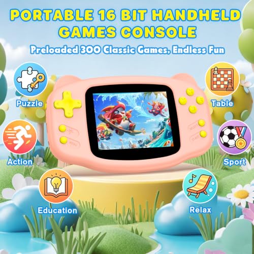 Image of Portable 16 Bit Handheld Game Console for Kids, Retro Gaming Console with 300 Classic Video Games, Handheld Plug & Play Player with 3.2'' IPS Screen, Rechargeable Travel Gift for Boys & Girls (Pink)