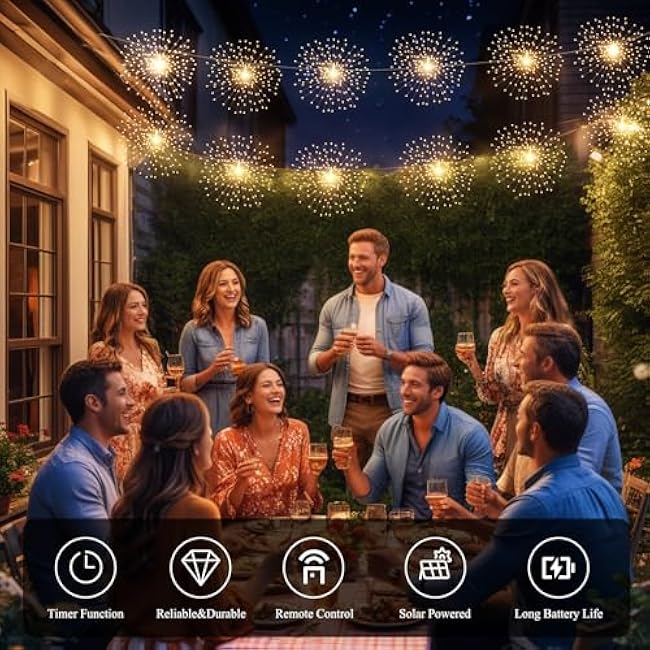 4 Pack Solar Firework String Lights 800 LED 8 Modes Waterproof Hanging Fairy Light, Starburst Light for Party Garden Decoration (Warm White)
