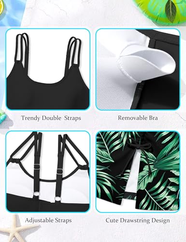 Image of Girls Swimsuit Tropical 3 Piece Tankini Adjustable Strap Bathing Suit Solid Modest Swimwear with Drastring Skirt 9-16y