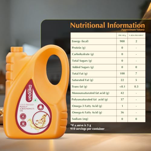 Image of Amazon Brand - Vedaka Cold Pressed Groundnut (Peanut) Oil | 5 L | Cooking Oil | Pure & Unrefined | Contains MUFA & Omega -6 | Contains Antioxidants | Rich Aroma & Flavour Of Groundnuts