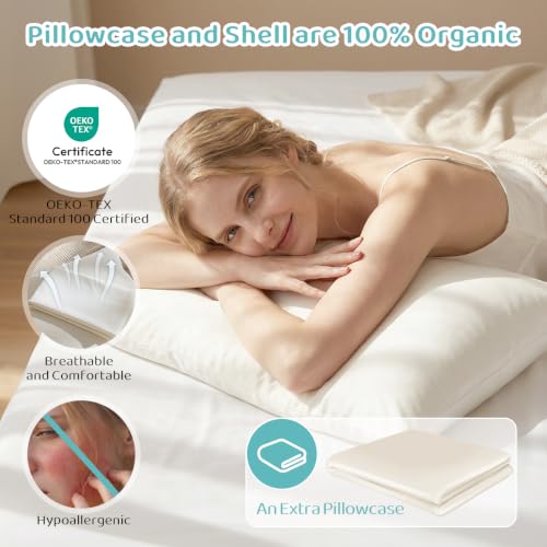 Image of Organic Pillow 20x26 with Cotton Case, Adjustable for Side Sleepers | Organic Cotton Shell, Adjustable Loft, Neck Pain Relief, OEKO-TEX Certified, Machine Washable, for Travel & Couch