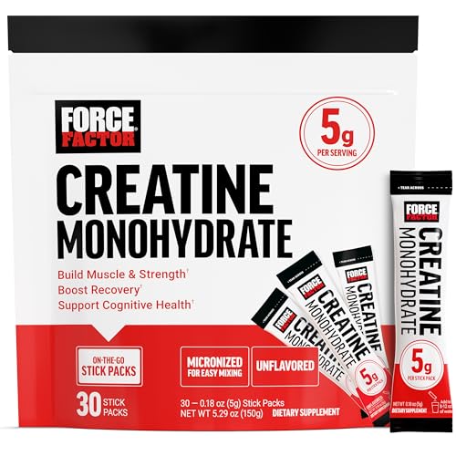 Image of Force Factor Creatine Monohydrate, 5g Micronized Creatine Powder for Muscle Strength, Performance, Recovery and Cognitive Support, On the Go Single Serve Travel Packs, Unflavored, 30 Packets
