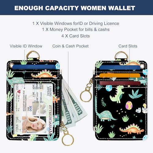 Image of Slim Wallet Credit Card Holder, Dinosaurs, RFID Wallet Women Cute Small Front Pocket Wallet With Zipper, PU Leather Thin travel RFID Blocking Card Case ID Window ,Ladies Gifts