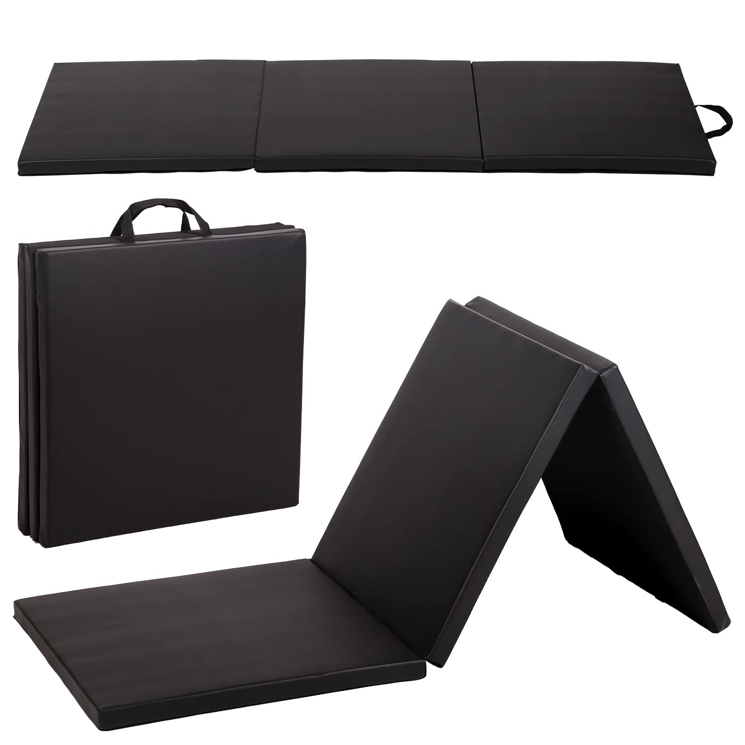 Gymnastics Mat for Kids Adults, Folding Extra Thick Tumbling Mats for Home Gym, 6’x2’ Anti-Tear Lightweight Exercise Mat with Carrying Handles, Crash Panel Mat, Black