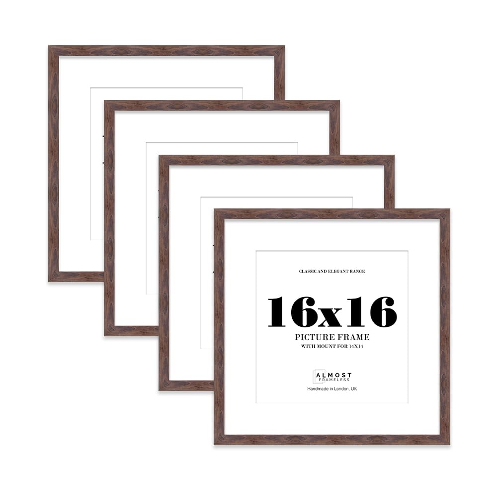 16x16 Walnut Picture Frame with Mount for 14x14 Photos, Prints - Modern Square Wall Frame, Set of 4 — image 1