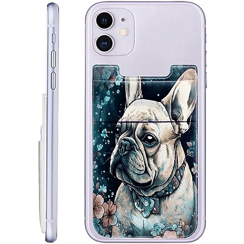 SROJDHFJB Stick On Cell Phone Wallet, Bulldog Pug Stretchy Lycra Double Pocket Credit Card Money Holder Adhesive Sticker Phone Pouch Sleeve for Back of iPad iPhone Android and All Smartphones