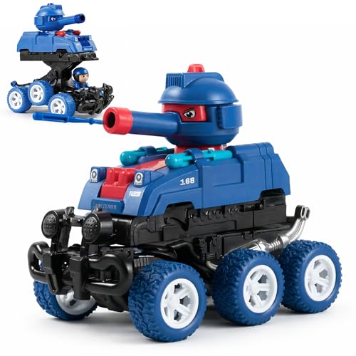 Image of Kidology Transforming Tank Toy Car for Kids | Friction Powered Military Vehicle with Collision Transformation, Pop-Up Soldier, Rotating Turret & Press-to-Launch Missiles - Ages 3+ (Dark Blue)