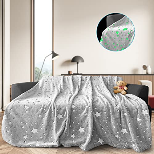 Ranedo Kuscheldecke Kinder 150×190 cm, Flanell-Fleece-Decke leuchtet im Dunkeln mit Sternen, Ganzjahresdecke als Geschenk für Kinder, Mädchen und Jungen, Grau