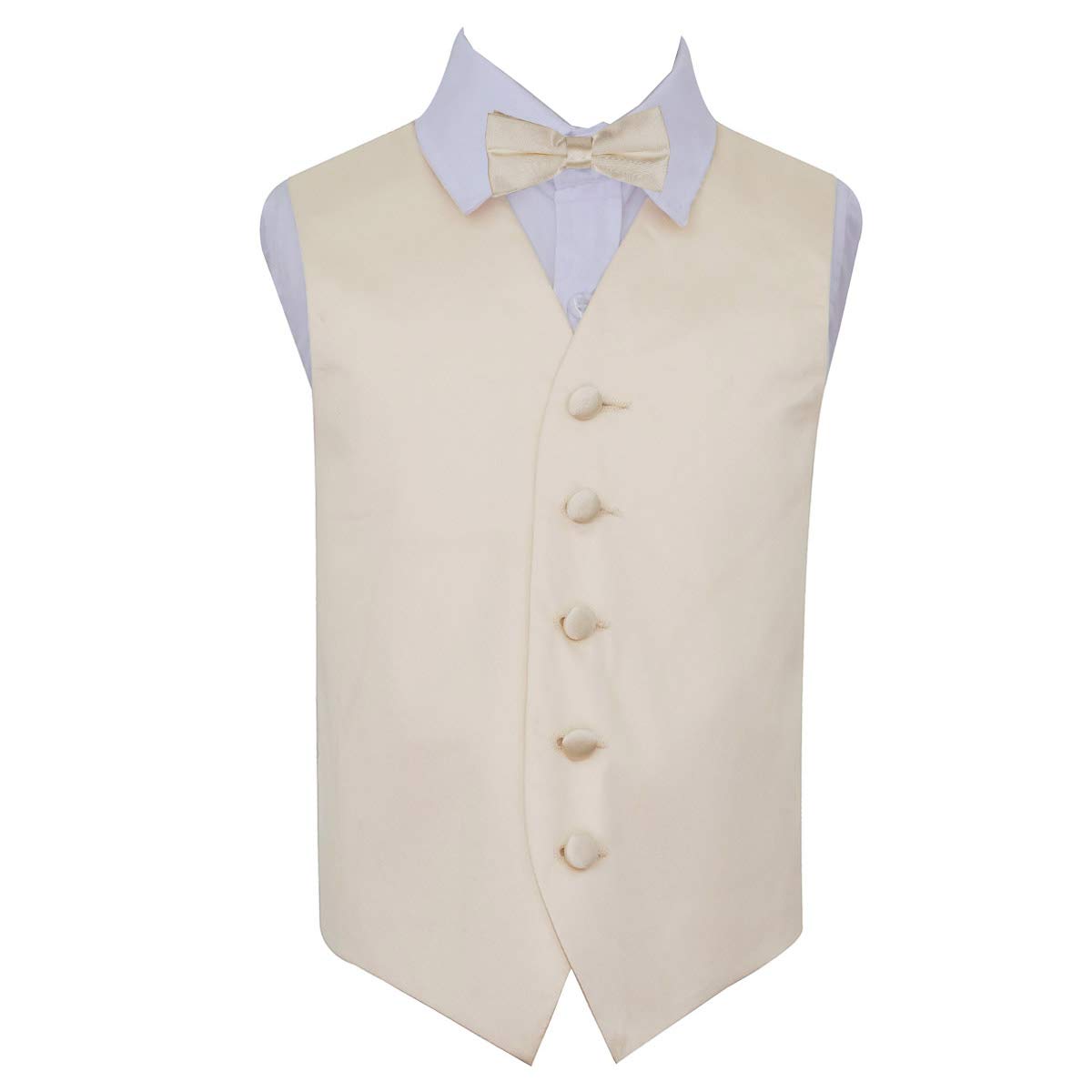 DQT Boys Plain Satin Waistcoat & Pre-Tied Bow Tie Set (2pc) - Wedding Pageboy Formal Vest - Champagne 11-12 Years (32")