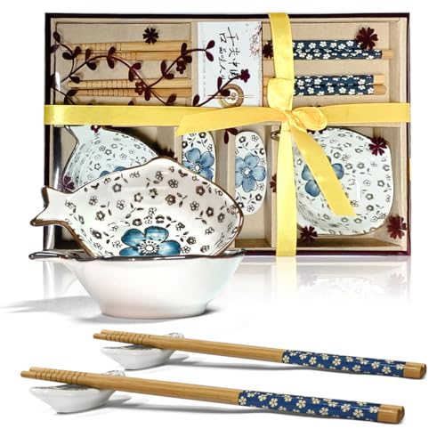 Finsink Set di stoviglie per sushi per 2 persone, 6 ciotole in ceramica, a forma di pesce, con motivo a fiori di prugna, perfetto come regalo per coppie o compleanno