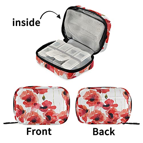 Image of Naanle Watercolor Poppy Flowers Pill Box 7 Day Pill Case Travel Pill Organizer Bag with Zipper Portable Weekly Case Compact Size for Vitamin Supplement Holder