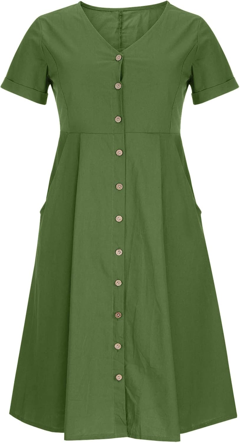 Women's V Neck Pleated Summer Dress Trendy Casual Short Sleeve Midi Dresses Loose Comfort Cotton Linen