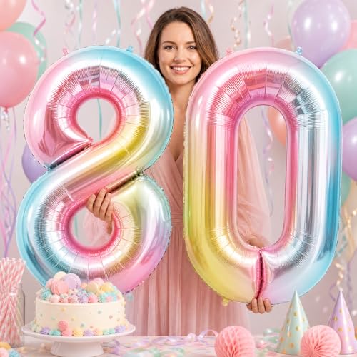 Image of Rainbow Number Balloons Birthday Balloons - Giant Number 80 Balloon 40 inch, Numbers Balloon Birthday Decorations, Rainbow Party Supplies for Baby Shower