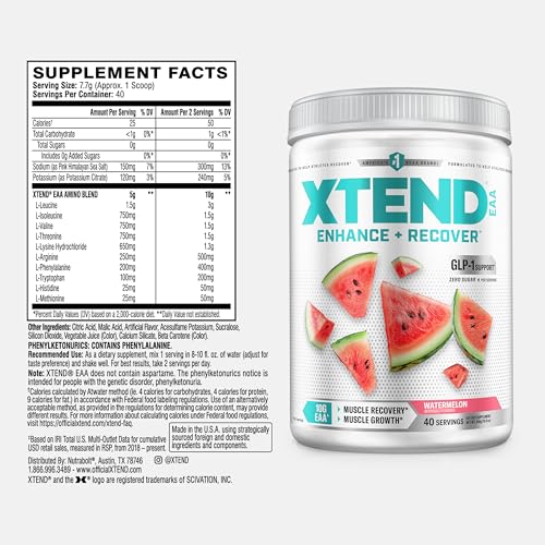 Image of Xtend EAA + BCAA Powder | Muscle Recovery & Lean Muscle Growth | 9 Essential Amino Acids for Intra Workout or Post Workout Recovery | 10g EAAs Per 2 Servings | Watermelon 40 Servings