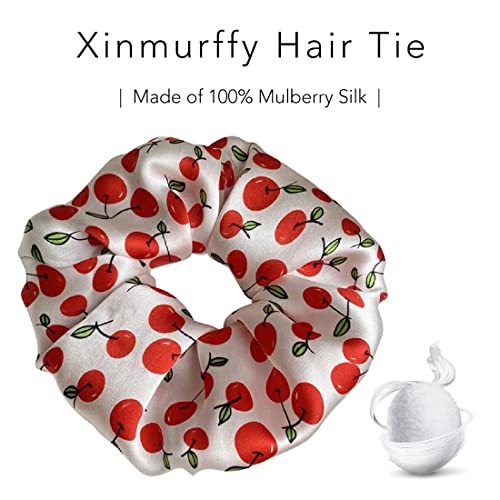 Xinmurffy 100% Mulberry Silk Scrunchies For Women's Hair Floral Print Satin Silk Thick Elastic Hair Ties 19 Momme 3Cm (Cherry) #TOP1