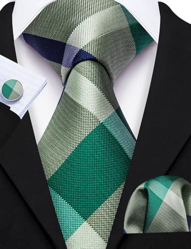 Image of Barry.Wang Plaid Ties for Men Silk Necktie Handkerchief Cuff Links Set