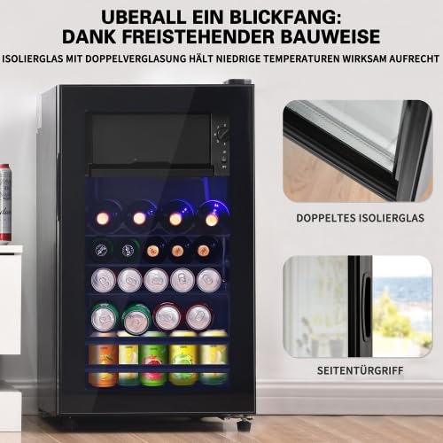 Merax Getränkekühlschrank 76L, Mini Kühlschrank mit Gefrierfach, 6L Gefrierfach + 70L Kühlfach, 43dB, LED-Beleuchtung, 5 Temperatureinstellungen, Energiesparend