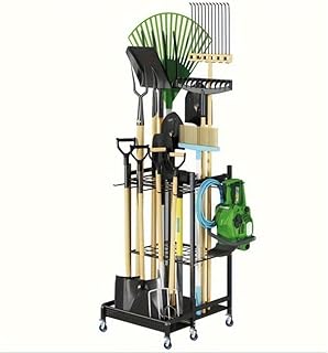 スコップ 収納 ガーデンツールオーガナイザー、lisBaby モバイルガーデンツール 農具収納 棚、掃除用具 収納、ガーデニング ガーデンツール収納ラック、スコップ 収納、滑車、移動が簡単、多機能倉庫 収納ラック 庭ツールタワーラック (ブラック)