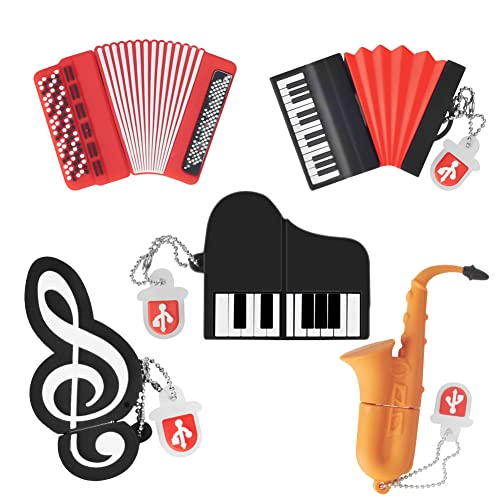 Memoria USB 16GB*5 Pendrive USB Acordeón*2/Saxofón/Piano/Nota, Silicona Impermeable Flash Drive Memorias Regalo para Niños Estudiante （16GB*5, Instrumentos de músic）