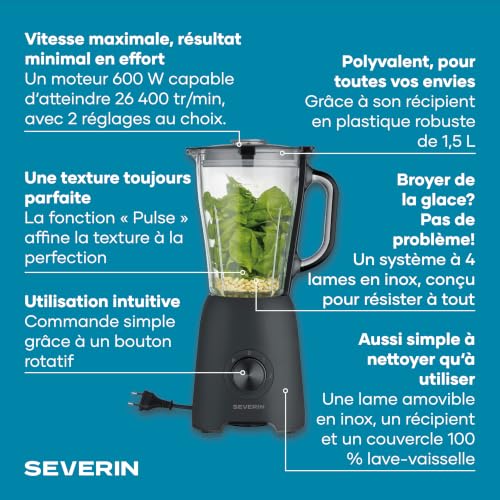 Blender Severin SM3722 – 600 W, 1,5L, 2 Vitesses + Turbo - vue 3