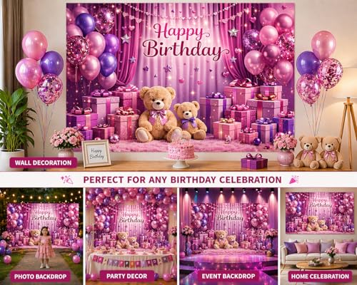 Image of Pink Birthday Backdrop Cloth 5x3 ft - Teddy Bear Theme Fabric Banner with Balloons & Gifts, Reusable Decoration Background for Kids Party & Photoshoot