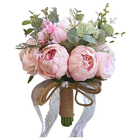 KALAIEN Bridal Wedding Bouquet Bride Bridesmaid Bouquet Handmade Artificial Peony Rose Flower Valentine's Day Confession Party Church (Pink) Cover
