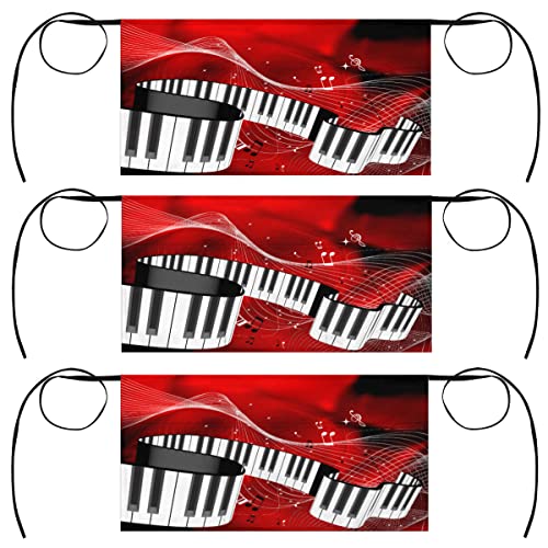 bisibuy Music Notes 3 Pack Server Aprons with 3 Pockets, Piano Red Waitress Waiter Wasit Apron for Women Men Restaurant Bistro Cafe Bars Half Aprons Waitress Server Accessories