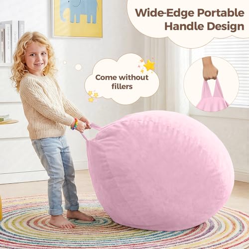 Image of Stuffed Animal Storage Bean Bag Chair Cover for Kids (No Filler), Soft Comfy Velvet Beanbag Chair Cover Machine Washable, Kids Bean Bag Chair with Handle for Living Room Bedroom Dorm, Pink