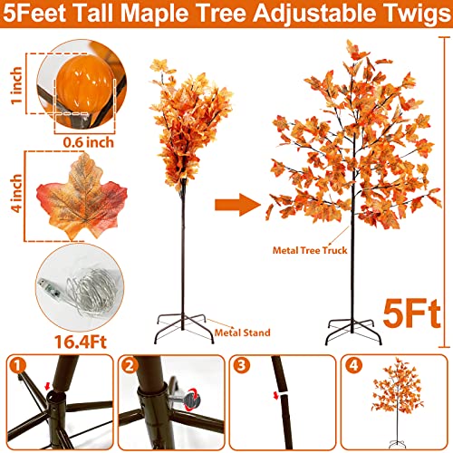 [ Timer & 8 Modes ] 5 Ft Lighted Fall Maple Tree Fall Decor Remote Control Battery Operated 3D Pumpkin Lights 72 Led Warm Lights Home Party Indoor Outdoor Fall Autumn Thanksgiving Decorations #TOP1