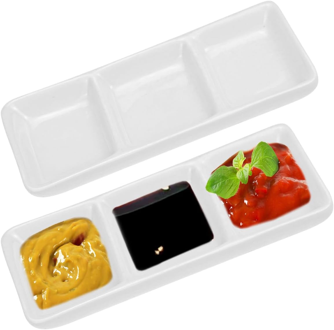 DOERDO 2pcs White Ceramic Serving Platters 3 Compartment Appetizer Serving Trays Snack Dishes, Divided Sauce Dishes for Restaurant Kitchen Spices Vinegar Nuts, 6 x 2.6 inch