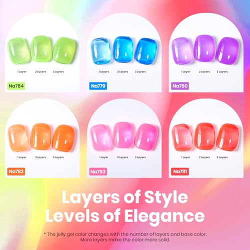 Image of Beetles Jelly Gel Polish Set, 6 Colors HEMA-Free Summer Neon Gel Polish Yellow Pink Red Blue Purple Orange 15ML Full Size Full Size Sheer Translucent Effect Soak Off UV Colorful Bottle Gel Gifts