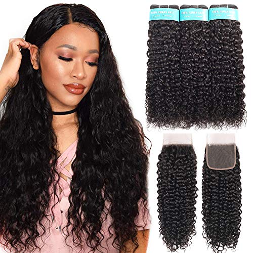 ALLRUN 10A Water Wave 3 Bundles with Closure Brazilian Virgin Human Hair 100% Unprocessed Curly Hair 3 Bundles with 4x4 Lace Closure with Baby Hair Free Part Natural Color (14 16 18+12closure)