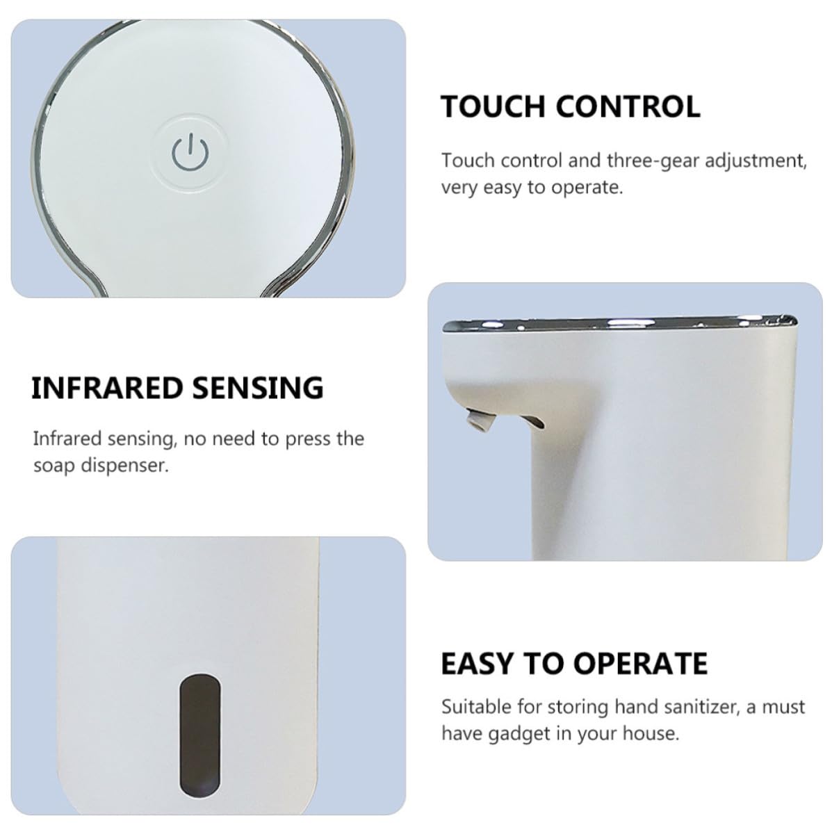TEHAUX Dispensador Automático de Jabón Blanco Abs Sensor Infrarrojo | Control Táctil, Ajuste de Múltiples Niveles, Carga Usb, Uso en Baño y Centros Comerciales