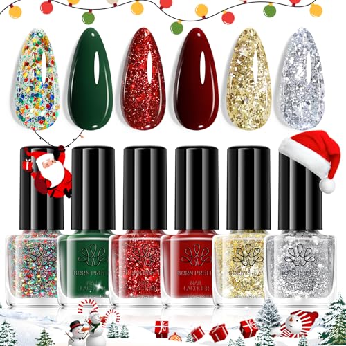 Born Pretty Christmas Nail Polish Set 6 Colors Red Green Sparkle Glitter Gold Silver Quick Dry Nail Polish Christmas Fast Drying Fingernail Lacquer Nail Art Design Manicure Salon DIY Home