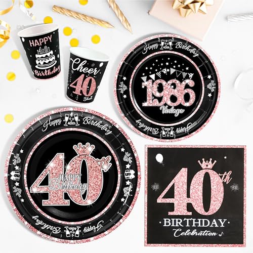 Image of 40th Birthday Decorations Rose Gold, Service for 30, Vintage 40th Birthday Party Supplies Includes Rose Gold 1986 Plates, Napkins,Cups, Plates and Napkins for Women