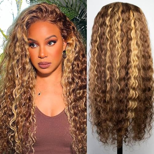 Highlight Ombre Pelucas Mujer Pelo Natural Deep Wave 13x4 Lace Frontal Wig Human Hair Pelucas Cabello 150% Density Peluca Rizado Humana P4/27 Honey Blonde Color Brazilian Human Hair Wig 20 Pulgadas