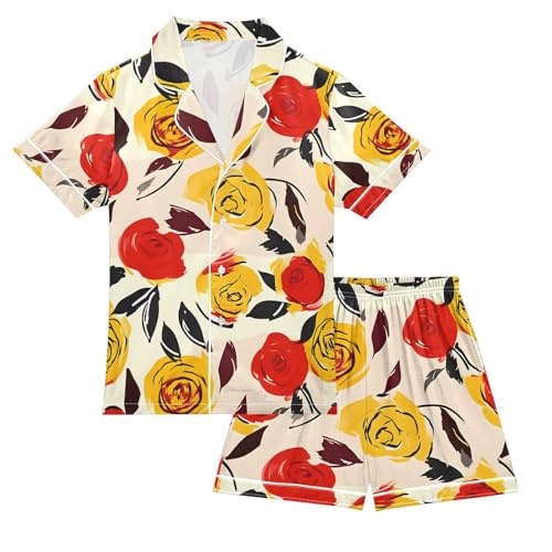 ALAZA Yellow Red Rose Flower Pajamas Satin Pajama Set Short Sleeve Button Down Sleepwear
