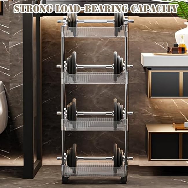 4-Tier Slim Rolling Cart with Lockable Wheels, Mobile Storage Trolley Acrylic Bathroom Organizer, Mobile Shelving Unit,Clear,16 Dx7.9 Wx35 H-E2seAmPV