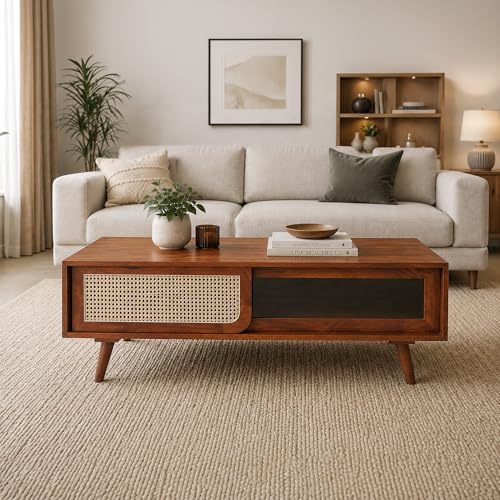 Image of The Attic INES Coffee Table for Living Room, Solid Wood Centre Table with Cane with Sliding Doors, Honey Matt Finish