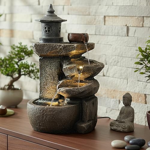 Arnusa Springbrunnen BK851 Wasserfall mit Beleuchtung Gartenbrunnen Zimmerbrunnen Kaskade Brunnen Terrassenbrunnen Dekoration, Braun Grau, 50x30 cm