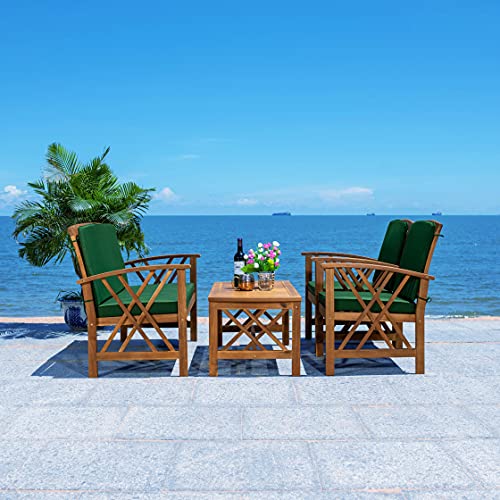 SAFAVIEH Outdoor - Fontana 4-Piece Conversation Set - Brown & Green - Solid Wood - Double-X Motif with Cushions - Ideal for Patio, Deck, Porch, Backyard (PAT7008N)