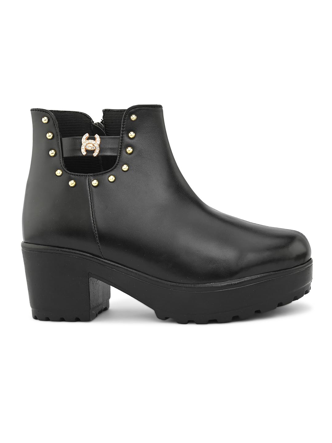 XE Looks 100% Vegan Leather Women's Black Chic Faux Leather Boots for Women | Zipper Detailing & Stud Accents | Stylish Chunky Heel Boots For Girls & Women 3
