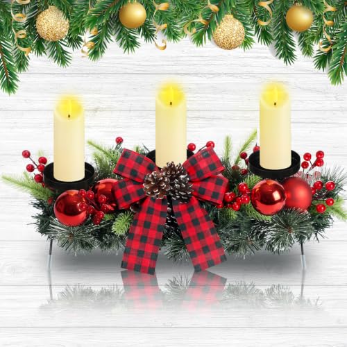 meekoo Christmas Centerpiece with 3 Candle Holders 3 LED Candles 1 String Lights Xmas Triple Candelabrum Red Buffalo Plaid Bow Berry with 3 Candle Holders for Tables Home Decorations