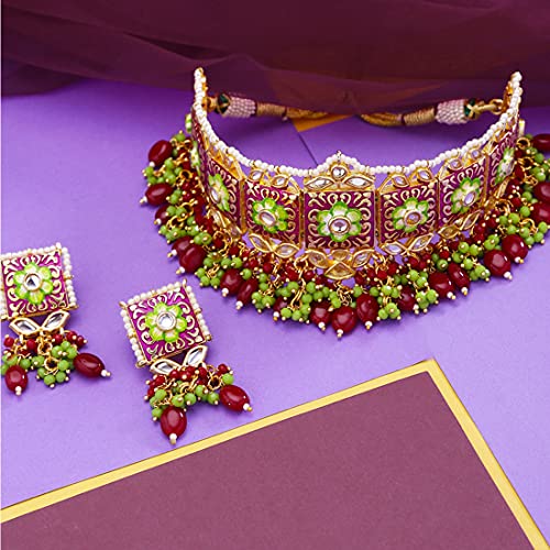 Image of Yellow Chimes Ethnic Gold Plated Studded Kundan Beads Flower Design Jewellery Set Multicolour Meenakari Choker Necklace Set for Women and Girls