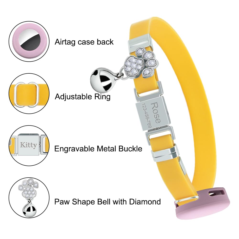 Personalized Safety Soft Silicone Air Tag Cat Collars with Bell,Laser Customized Stretch Kitten Collars for Girls Boys Cats (Yellow)