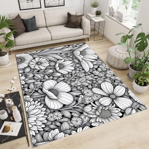 Tapis lavable en machine antidérapant fleurs complexes noir - 2